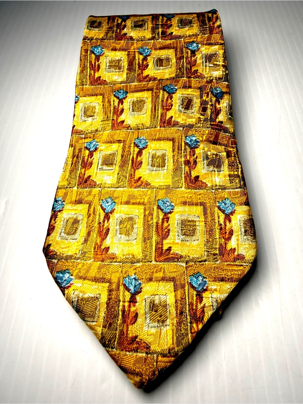 Ermenegildo Zegna Yellow Silk Tie with Blue Floral Motifs